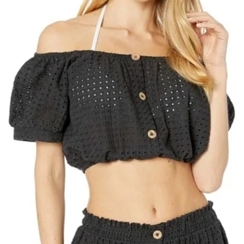 Nwt Eberjay 100% Cotton Black Eyelet Button Front Harper Crop Top Size S